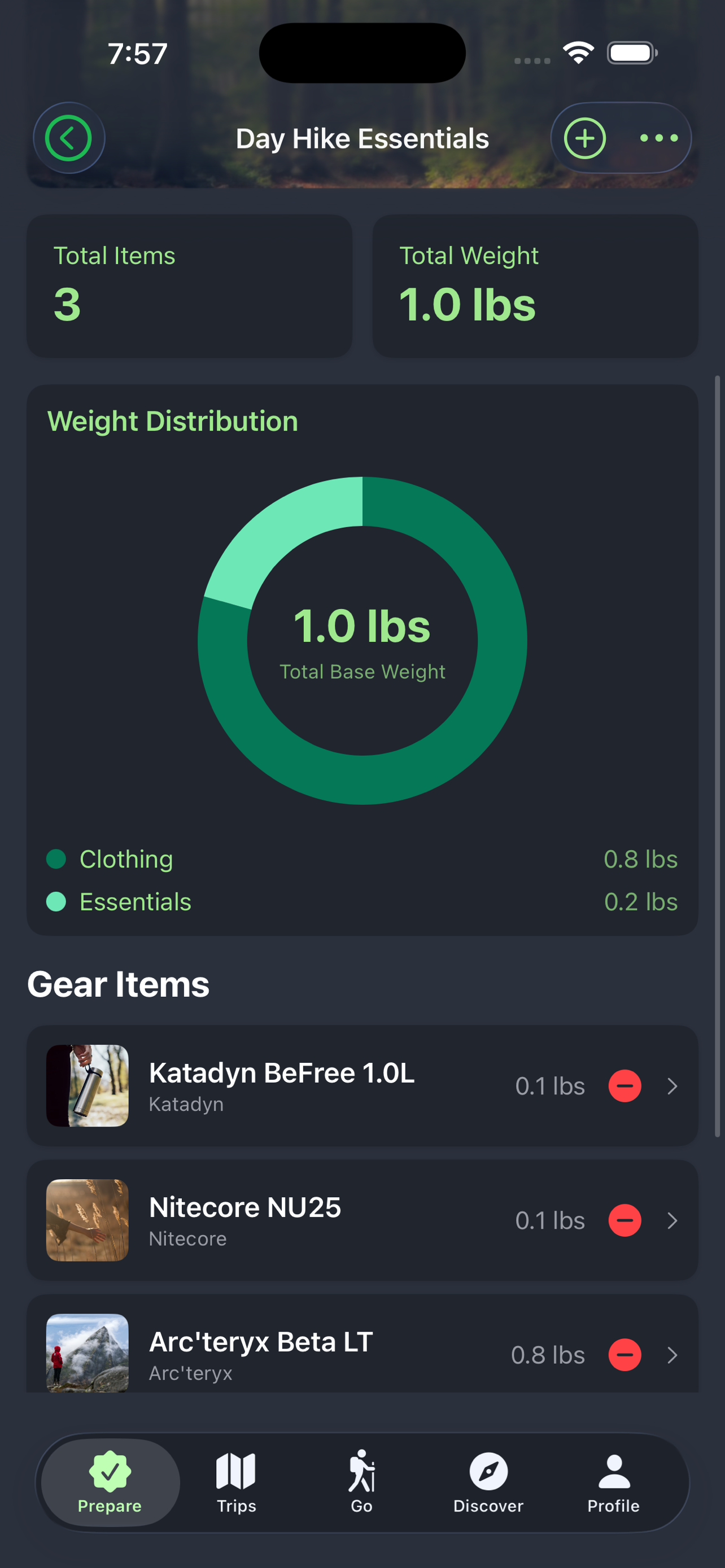 Loadout with weight breakdown by category