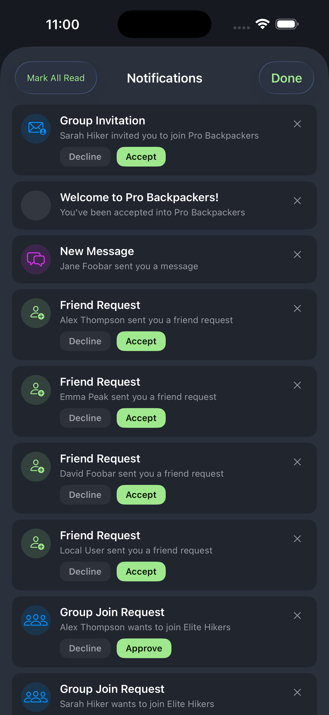 Friend requests and group activity notifications